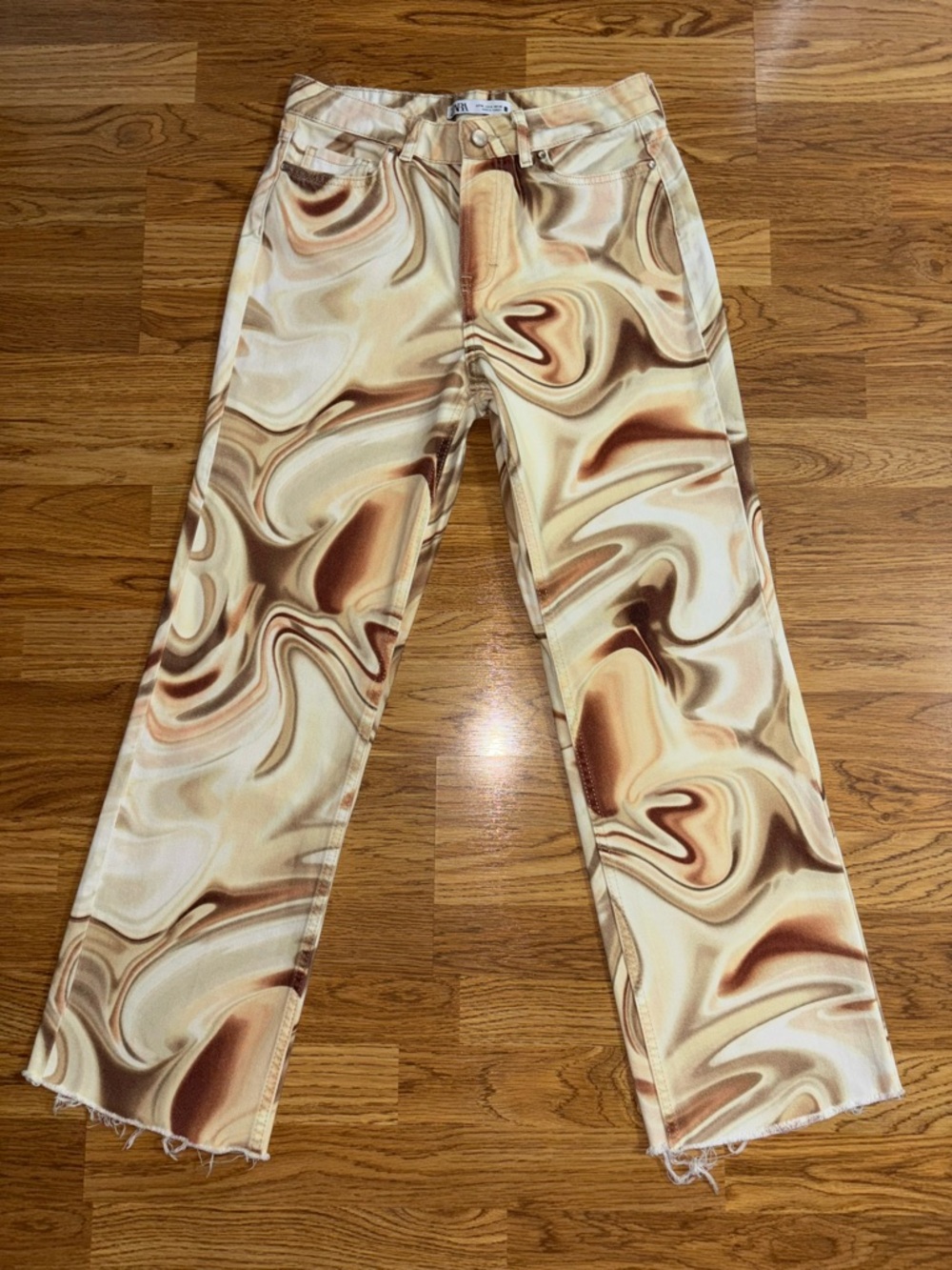 Zara Mid Rise Straight Jeans Wide Leg Women’s Size 4 Retro Psychedelic Swirls